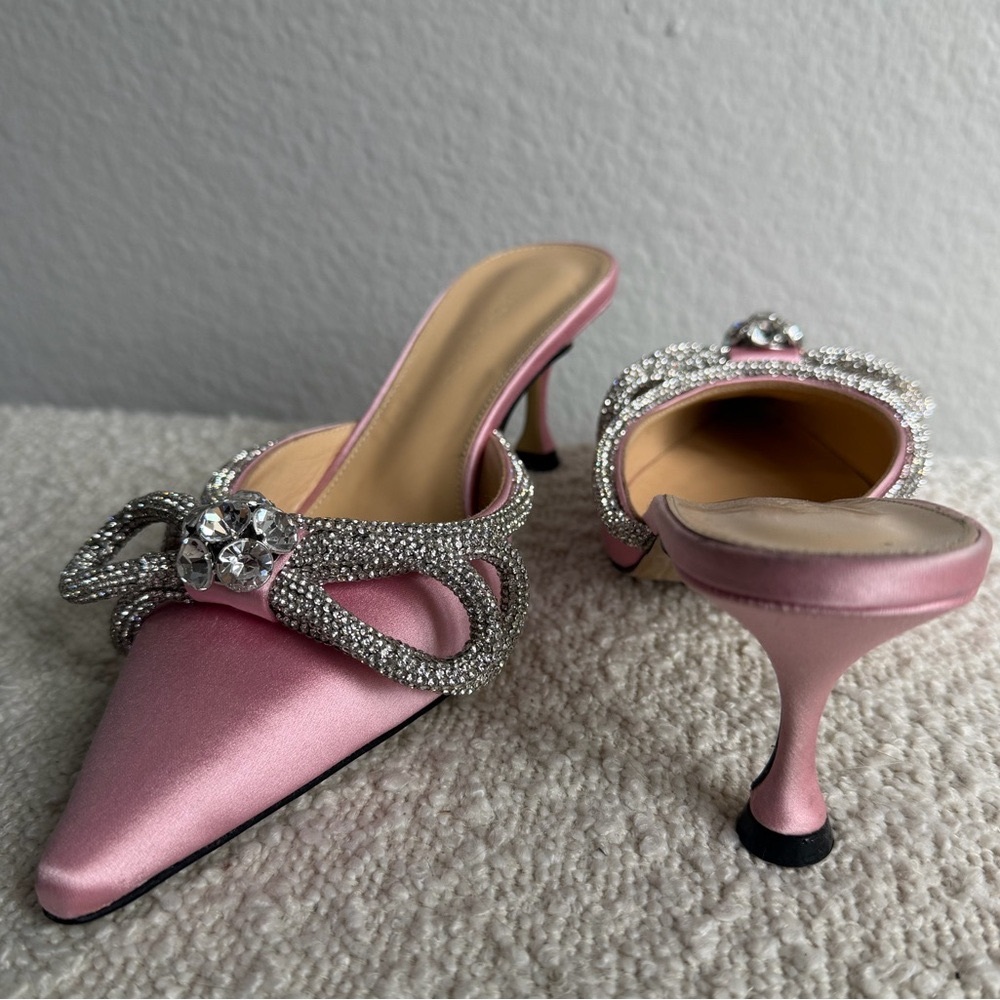 NEW Mach & Mach Double Crystal Bow Pink Satin Mule size 37 EU Authentic
